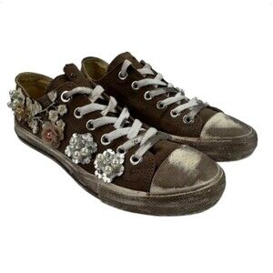 Naughty Monkey Women’s Size 8 Sneakers Brown Distressed Floral Pearl Embellished